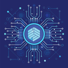 Abstract circuit board design with central graphic depicting technology and digital data flow