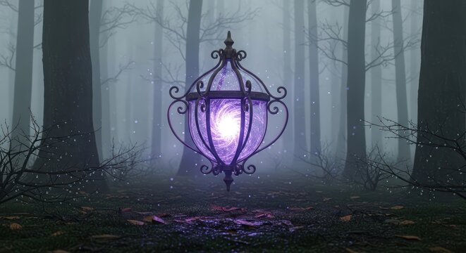 Magical Ornate Lantern Illuminates a Foggy Forest.