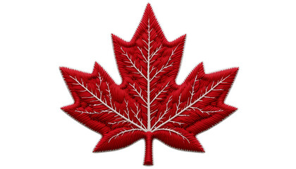 Embroidered Red Maple Leaf Patch – Detailed Symmetrical Leaf with White Outline Isolated on Transparent Background