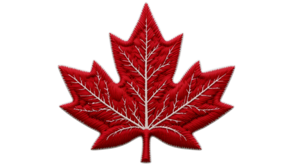 Embroidered Red Maple Leaf Patch – Detailed Symmetrical Leaf with White Outline Isolated on Transparent Background