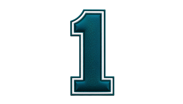 Dark Teal Number "1" Patch – Bold Stylized Embroidered Design with White Outline Isolated on Transparent Background