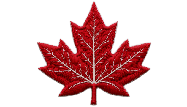 Embroidered Red Maple Leaf Patch – Detailed Symmetrical Leaf with White Outline Isolated on Transparent Background