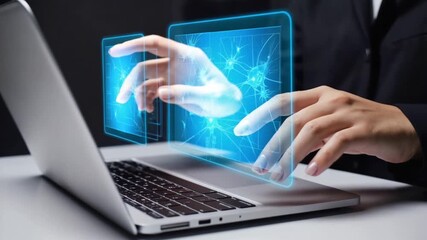 Focus hands scrolling gesturing laptop touchpad. holographic projections are interactive neural network graphs nodes lighting up electric pulses, data flowing synapses in real time - Powered by Adobe