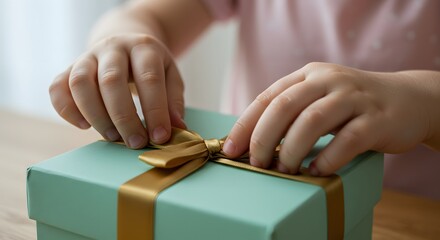 Child hands carefully tying a golden ribbon on a present box creating a beautiful bow