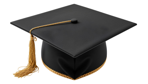 Black Graduation Cap – Formal Academic Square Hat with Gold Tassel Isolated on Transparent Background