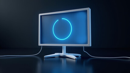 Digital loading screen with circular blue progress symbol on monitor standing on modern dark desk background