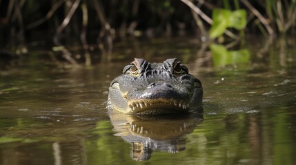 Obraz premium Alligator emerging from murky water, reflecting its image in tranquil surface