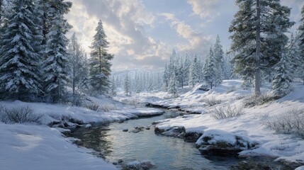 a serene winter landscape with snowcovered trees and a winding stream