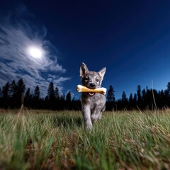 A playful dog holds a bone under a full moon in a grassy field.