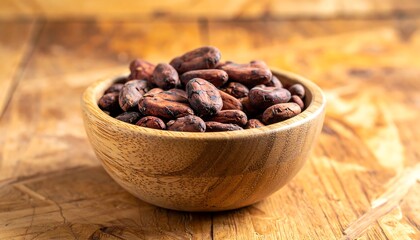 Organic roasted cacao beans, a healthy superfood ingredient, showcased in a rustic wooden bowl on a natural wood surface