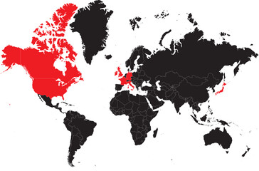 G7 Countries Highlighted on World Map Silhouette 