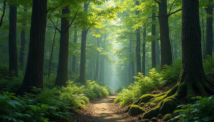 Naklejka premium Forest path with mossy rocks and sunbeams sunlight