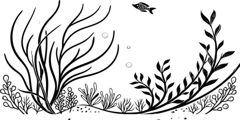Obraz premium Black and white illustration of underwater scene with seaweed plants bubbles and a fish swimming in the ocean