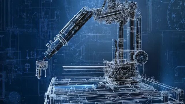 Futuristic robotic arm working with blueprints in background