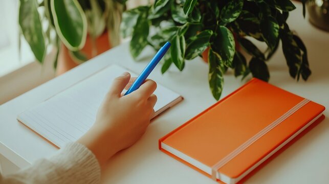 Close up of student hand taking notes with a blue pen on a white desk green plant on the corner orange notebook beside daylight background - Powered by Adobe