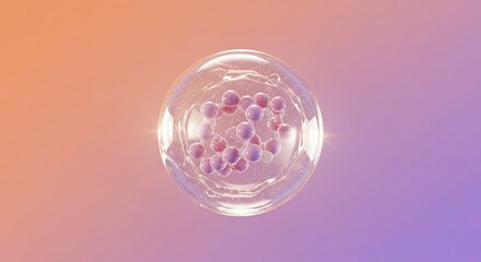 Molecular structure encased in a transparent sphere centered on a gradient backdrop
