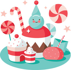 Whimsical Candy Land Illustration with Cupcakes Lollipops and Festive Holiday Sweets