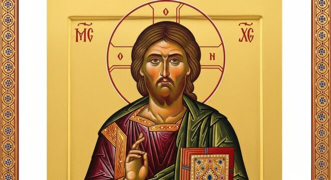 Eastern Orthodox Icon of Christ Pantocrator blessing followers with sacred scripture