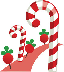 Whimsical Candy Cane Lane Illustration with Red Lollipops and Striped Candy Canes