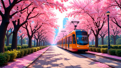 Obraz premium Modern tram driving under cherry blossom trees in springtime creating picturesque urban transit scene with vibrant pink blossoms