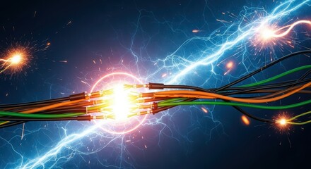 Electrical wires connecting with bright light. Power surge concept with energy sparks. Data transmission and network cable.