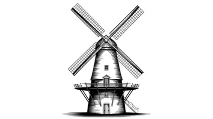 Black and white line drawing, Dutch windmill, wooden blades, cross-hatching