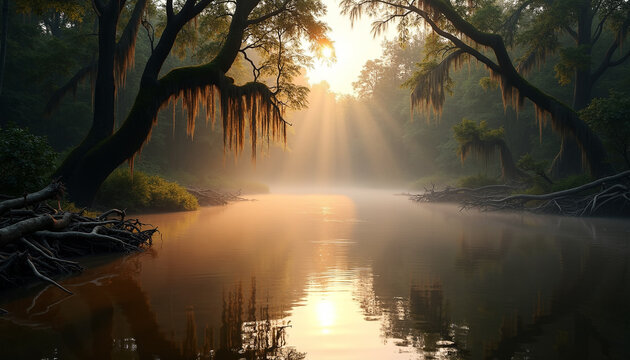 Misty river at sunrise with sunbeams through trees - Powered by Adobe