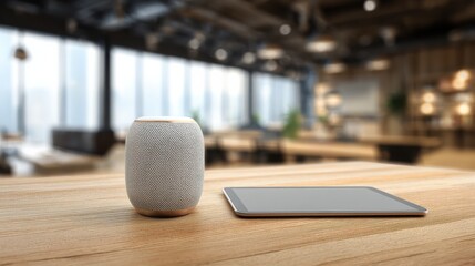 smart speaker and tablet on a wooden desk in a modern office workspace