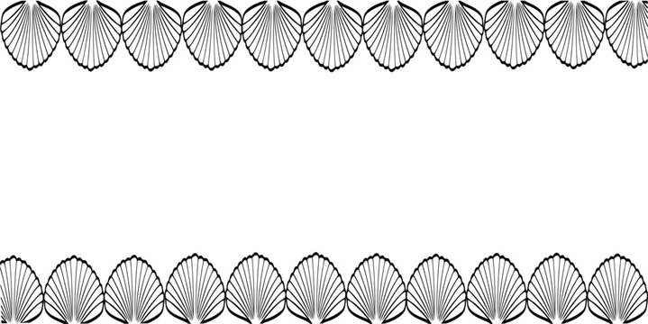 Black and white seashell border design with repeating scallop shell pattern on top and bottom edges with white space in the center