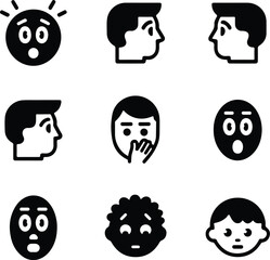 Black Curious Face Silhouette Icon Vector Set Curious Expression Face Icon Black Silhouette Design