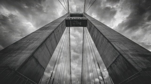 monochrome upward view of a large suspension bridge with tall concrete towers and steel cables extending into a cloudy sky evoking a sense of strength and architectural elegance