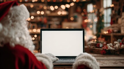 over shoulder view of santa claus wearing costume using laptop computer with white blank empty mock up screen monitor sitting at workshop table on merry christmas eve e commerce website ads concept n