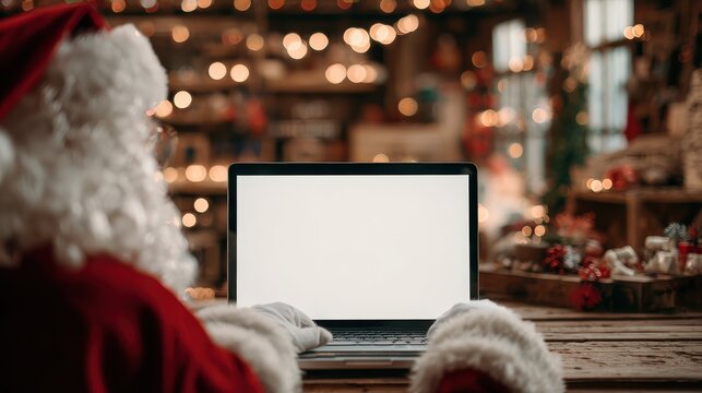 over shoulder view of santa claus wearing costume using laptop computer with white blank empty mock up screen monitor sitting at workshop table on merry christmas eve e commerce website ads concept n - Powered by Adobe