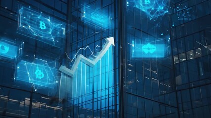 Futuristic financial technology display on a skyscraper, showcasing cryptocurrency trends and growth - Powered by Adobe