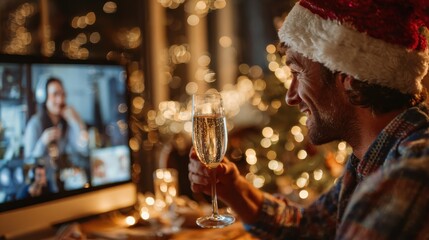 young man wears christmas hat drinking champagne holding sparkler talking to friends on virtual video call celebrate happy new year party in distance online chat at home over shoulder screen view no 