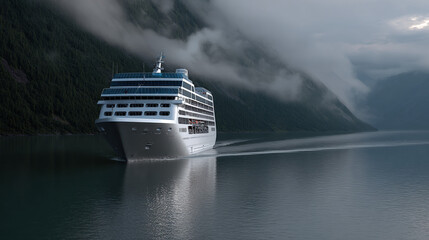 Cruise ship sailing through fjord.