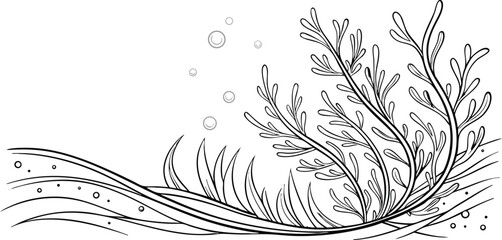 Black and white underwater scene illustration with seaweed grass bubbles and wavy lines on white background