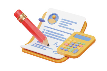 3d illustration of resume pencil and calculator on a clipboard