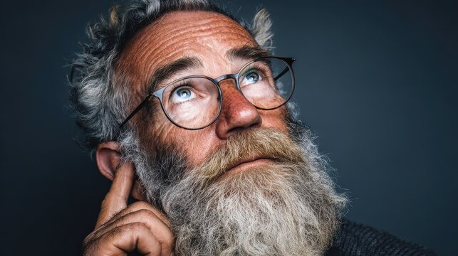 closeup portrait of a thoughtful senior man with a gray beard and glasses hand to ear looking upward