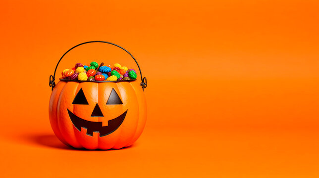 halloween jack o lantern halloween A pumpkin-shaped candy basket with candies on an orange background for Halloween