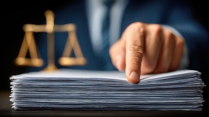 Lawyer pointing at legal documents with justice scale symbol overlay symbolizes case strategy fairness ethics accountability legal responsibility governance protection law transparency