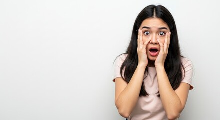 Startled woman with hands on cheeks wide eyes and open mouth Lightcolored wall background