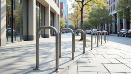Empty bike rack on sunny sidewalk in front of modern office buildings