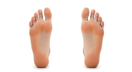 Two soles of human feet shown from below on a white background