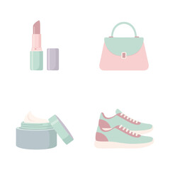 A flat vector illustration set of four womens accessories including pink lipstick, a pastel handbag, face cream, and stylish sneakers isolated on a white background.