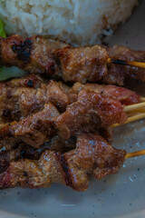 Delicious grilled meat skewers with rice, a flavorful and satisfying meal ready to enjoy