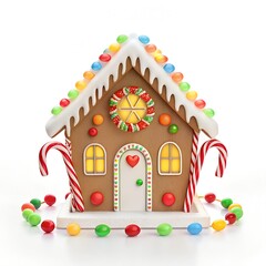Fototapeta premium Festive Gingerbread House with Candy Canes and Christmas Lights on White Background 