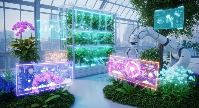 Futuristic greenhouse with hydroponic plant cultivation and robotic arm. Smart farming technology concept with holographic display for data analysis.