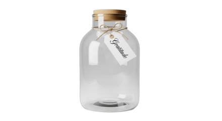 Empty gratitude jar with cork lid and tag, perfect for wellness, positive affirmation, and mindfulness concepts. Ideal for Thanksgiving, New Year, or self-care themes.