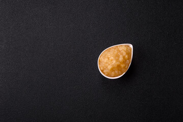 Apple sweet sauce, baby food, canned ingredient for desserts. Apple sauce